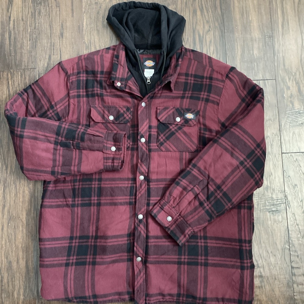 Dickies Jacket Mens 2XL Maroon Plaid Flannel Quilted Snap Up Hooded Coat Shacket
